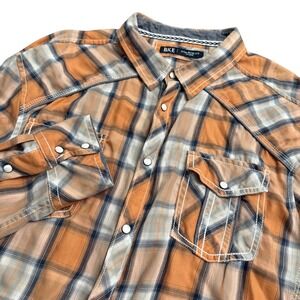 BKE Mens Plaid‎ Pearl Snap Shirt Athletic Fit Orange Blue White Long Sleeve XL